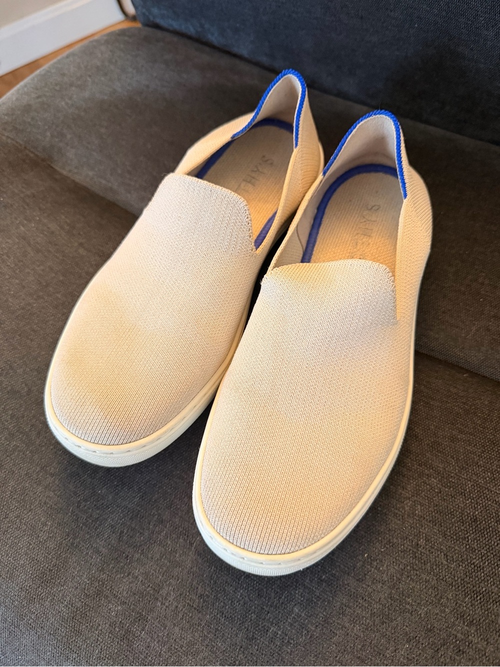 Rothy's Beige Slip-On Sneakers with Blue Trim
